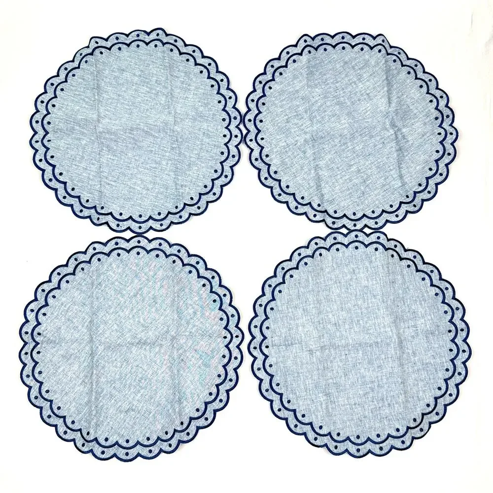Table Two Studio Avalon Placemat Set Embroidered Chambray Linen Scalloped
